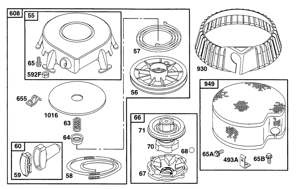 Rewind Assembly Diagram and Parts List for 190412-6130-XX  Briggs and Stratton Engine